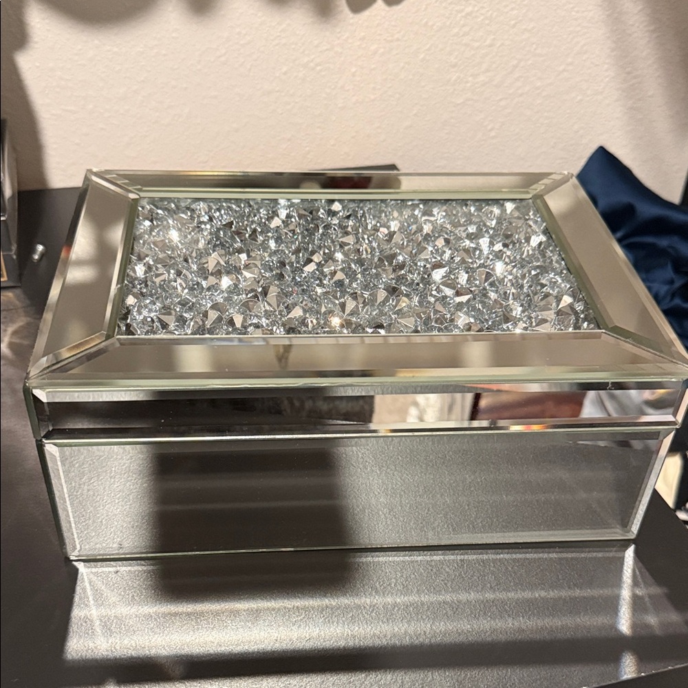 Silver Mirrored Jewelry Box with Crystals